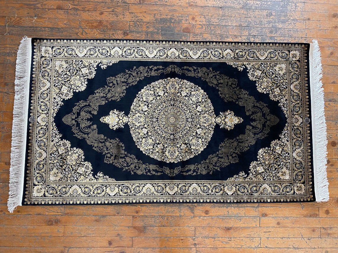 Black Medallion Turkish Silk Carpet  3x5ft